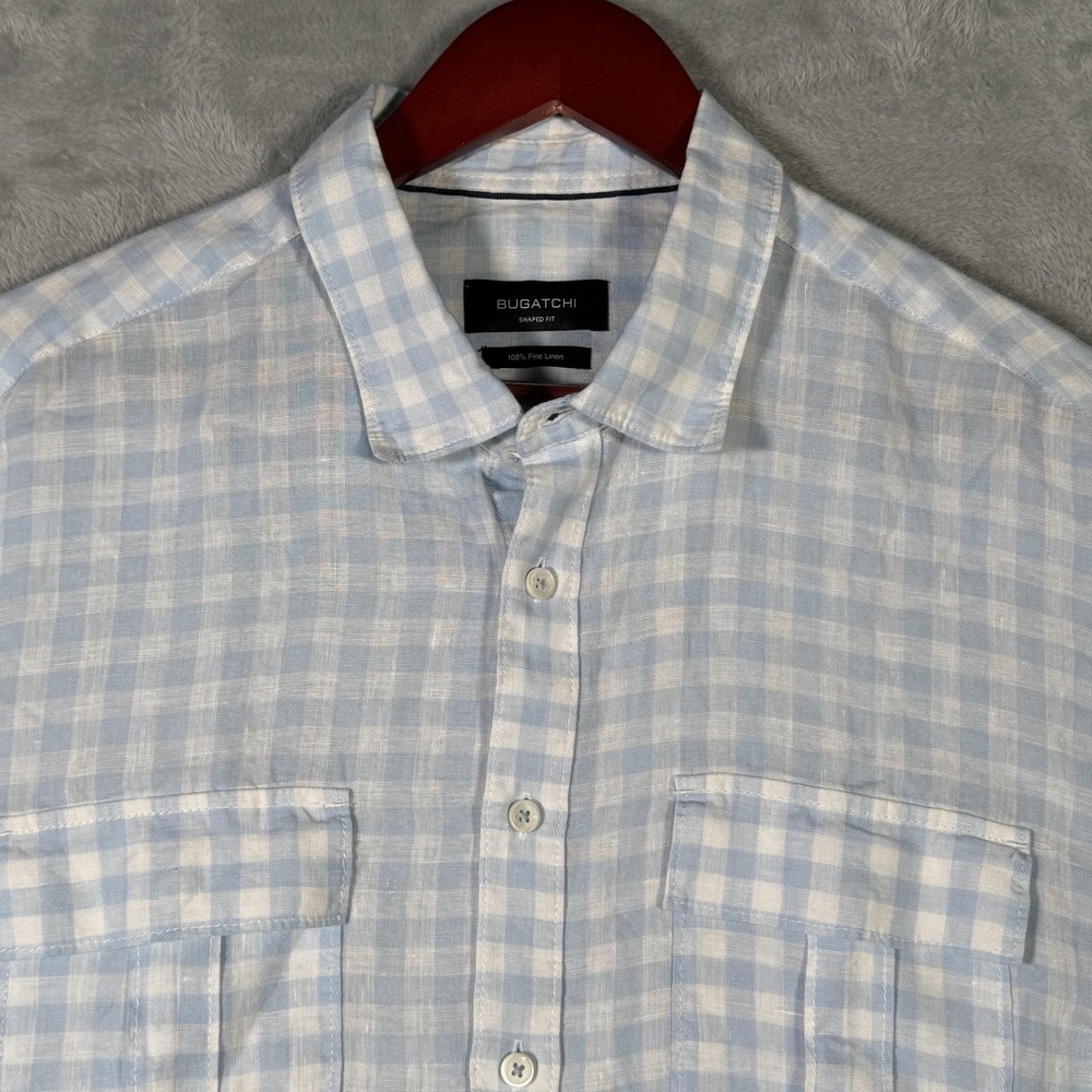 Bugatchi Shirt‎ Mens XL Light Blue Shaped Fit Linen Button Down Gingham Check